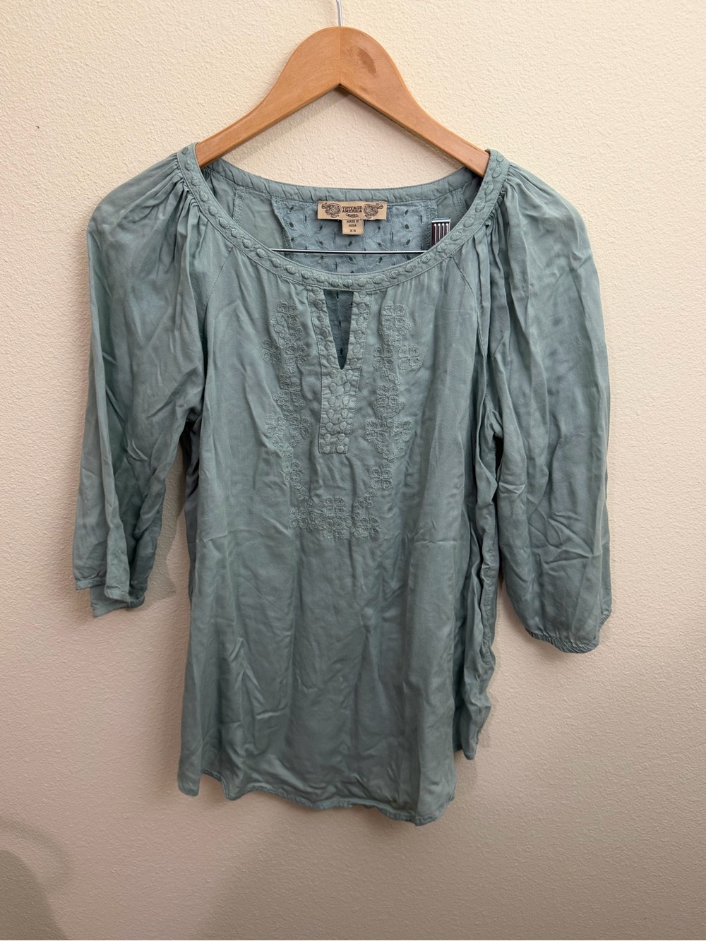Vintage America Sage Green Embroidered Peasant Top